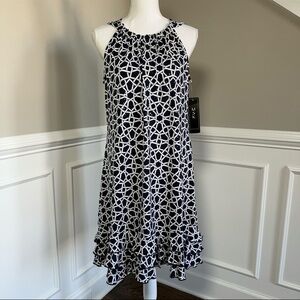NEW MSK Navy and White Patterned Dress With Ruffle Hem Size Large